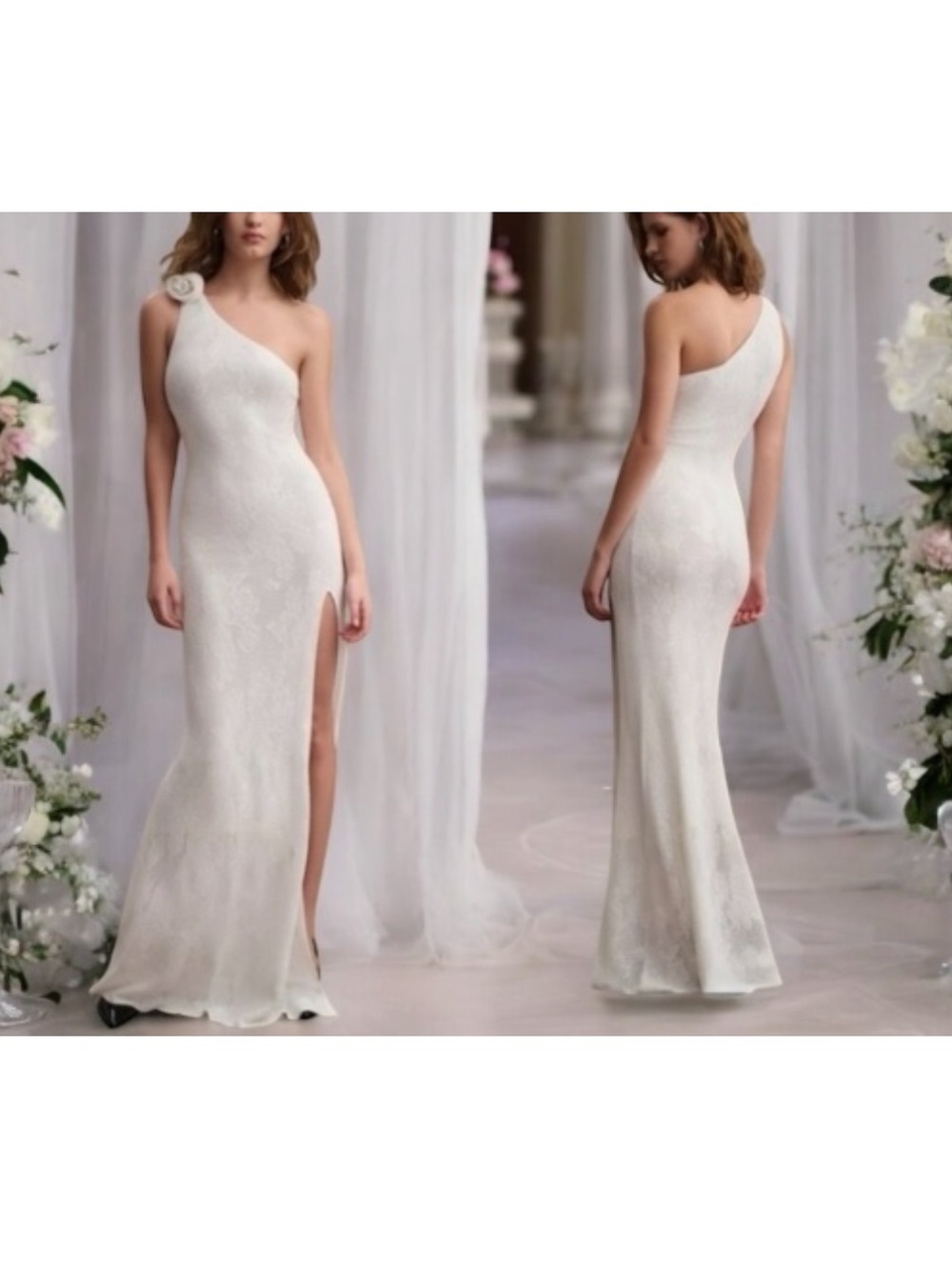 🎉HP Ronny Kobo BHLDN Owena XS 0/2 OffWhite 1-Shoulder Lace Column Bridal Wedding